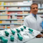 Primo piano di compresse contenenti codeina in un blister parzialmente aperto, appoggiato sul bancone di una farmacia. Sullo sfondo, sfocato, si intravede la figura di un farmacista con camice bianco. Illuminazione drammatica che evidenzia le compresse. Obiettivo macro 60mm, alta definizione, luce controllata.