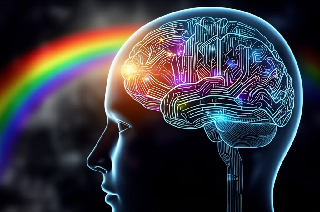 Un'immagine concettuale che mostra un cervello stilizzato con percorsi neurali luminosi che si collegano a un occhio, simboleggiando la neuroplasticità e la rieducazione visiva. Sullo sfondo, un arcobaleno sfocato. Lente prime da 50mm, profondità di campo ridotta per enfatizzare il cervello e l'occhio, illuminazione drammatica.