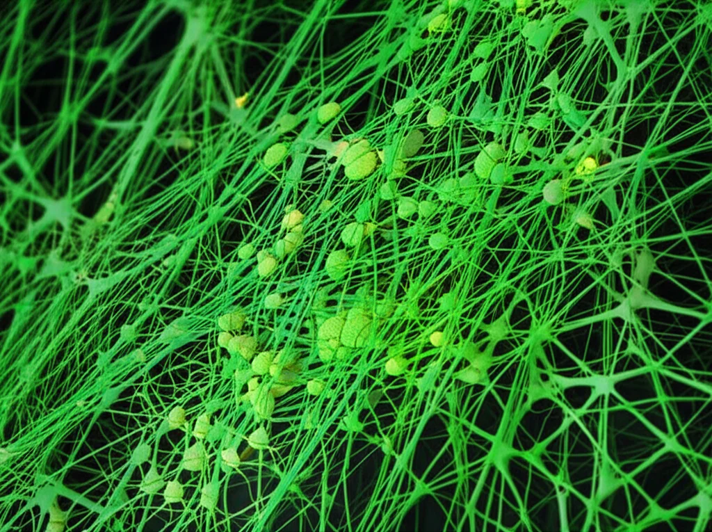 Visualizzazione 3D fotorealistica di uno scaffold nanofibroso poroso (PLA arricchito con particelle verdi di fieno greco) che supporta la crescita attiva di cellule rigenerative luminose. Illuminazione da laboratorio high-tech, alta definizione, focus sui dettagli delle fibre interconnesse e delle cellule che vi aderiscono, lente macro 85mm, per rappresentare l'innovazione nell'ingegneria tissutale e la sinergia tra materiali sintetici e naturali.