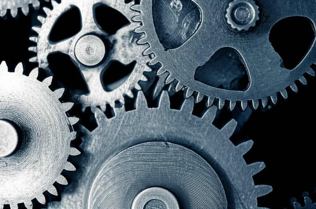 Wide-angle, 24mm, depth of field photograph showing a complex system of interlocking gears, some moving smoothly, others appearing stuck or grinding, representing the interaction and potential friction between monetary and fiscal policies.