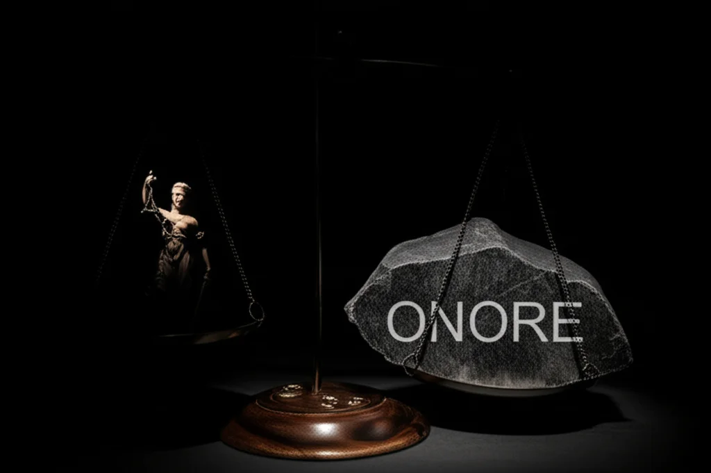 Fotografia concettuale photorealistic: una bilancia della giustizia sbilanciata. Su un piatto, una figura femminile rimpicciolita e in ombra; sull'altro piatto, più pesante, la parola 'ONORE' incisa su un blocco di pietra scura. Illuminazione laterale drammatica, obiettivo prime 50mm, profondità di campo media per mantenere a fuoco entrambi gli elementi simbolici.