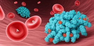 Immagine concettuale che illustra la relazione tra gruppi sanguigni ABO, piastrine e farmaci anticoagulanti come il clopidogrel in pazienti con malattie coronariche e diabete. Focus su globuli rossi e piastrine, con un design medico-scientifico. Macro lens, 60mm, high detail, controlled lighting.