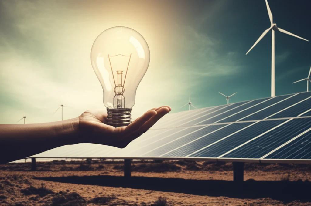 Immagine concettuale fotorealistica: una mano che offre una lampadina a energia solare a una comunità in un paese ricco di minerali, con sullo sfondo pannelli solari e turbine eoliche integrate in un paesaggio che mostra anche segni di estrazione mineraria. Prime lens, 35mm, depth of field, colori caldi e speranzosi con un leggero contrasto duotone terra-cielo.