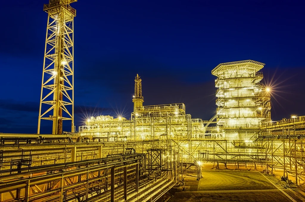 Immagine fotorealistica di un moderno impianto di produzione oil e gas, ben illuminato di notte, che simboleggia l'efficienza e la sicurezza. Utilizzare un obiettivo grandangolare da 20mm per una vista espansiva, con lunga esposizione per scie luminose e dettagli nitidi. L'immagine deve trasmettere un senso di controllo e tecnologia avanzata nella gestione dei rischi.