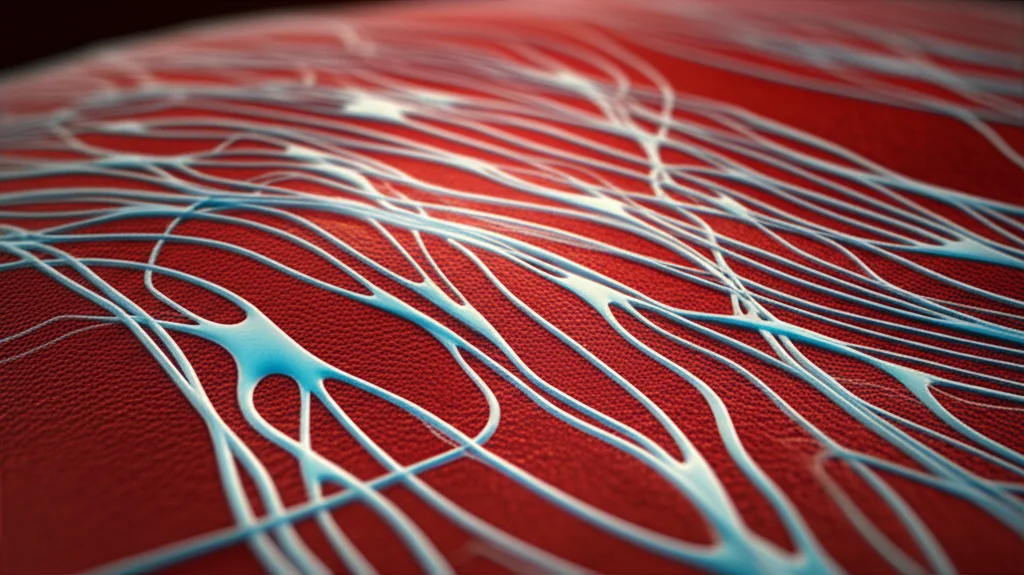 Macro lens, 60mm, high detail, precise focusing, controlled lighting, abstract representation of neural signals in a muscle.