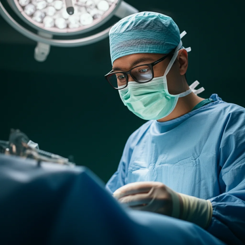 Prompt: A 35mm portrait lens view capturing a surgeon's focused expression during a complex liver procedure, depth of field, high detail.