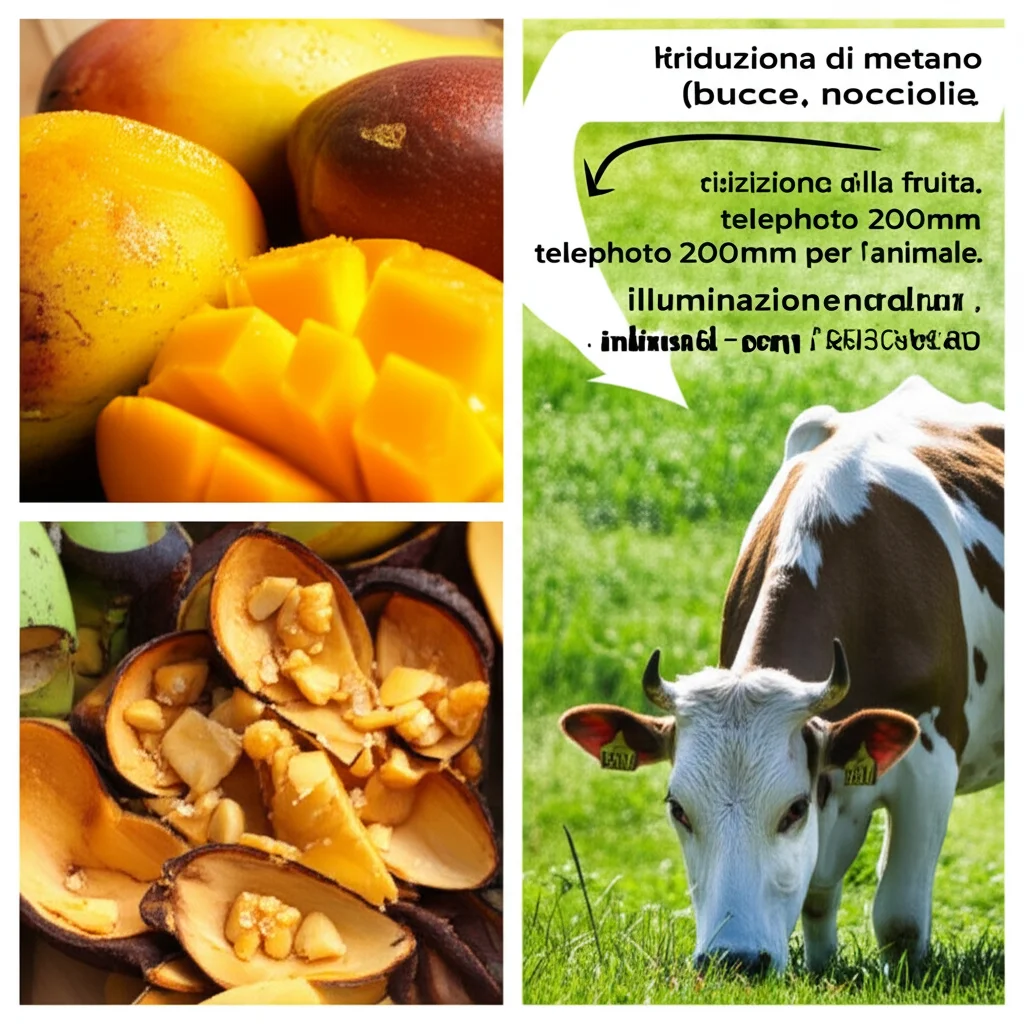Un collage fotorealistico che mostra da un lato scarti di mango e avocado (bucce, noccioli) e dall'altro un ruminante sereno in un pascolo verde, con una freccia che indica una riduzione di metano. Macro lens 80mm per i dettagli della frutta, telephoto 200mm per l'animale, illuminazione naturale controllata, alta definizione.