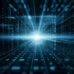 Un'immagine astratta e high-tech che rappresenta il concetto di 'Projected Iterated Tikhonov'. Visualizza matrici di dati digitali, fasci di luce che simboleggiano la proiezione e un nucleo centrale luminoso che rappresenta la soluzione ottimizzata. Film noir style, depth of field, prime lens 35mm, duotone blu e grigio scuro.