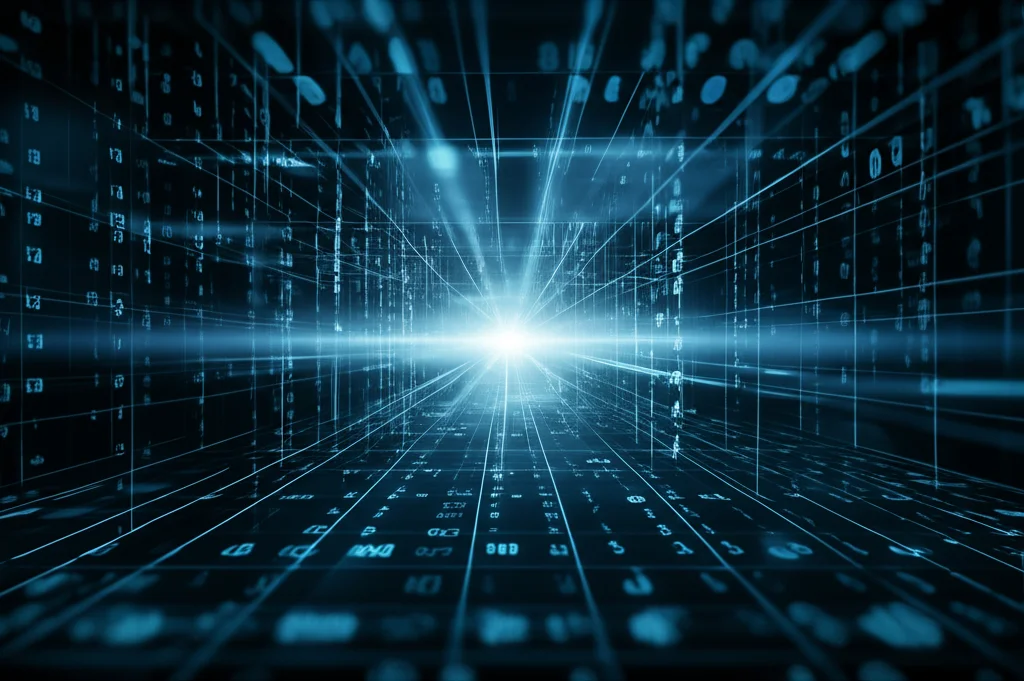 Un'immagine astratta e high-tech che rappresenta il concetto di 'Projected Iterated Tikhonov'. Visualizza matrici di dati digitali, fasci di luce che simboleggiano la proiezione e un nucleo centrale luminoso che rappresenta la soluzione ottimizzata. Film noir style, depth of field, prime lens 35mm, duotone blu e grigio scuro.