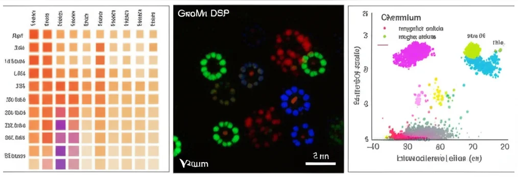 Un'immagine composita che mostra tre diverse visualizzazioni di dati trascrittomici spaziali su sezioni di tessuto tumorale. A sinistra, una mappa di calore colorata di Visium; al centro, cerchi luminosi di GeoMx DSP su un'immagine di immunofluorescenza; a destra, un UMAP plot di Chromium che mostra cluster di singole cellule. Lente prime 35mm, profondità di campo per mantenere a fuoco tutti gli elementi, illuminazione da studio per chiarezza e dettaglio scientifico.