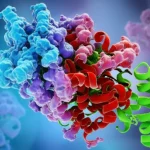 Visualizzazione 3D di una molecola di Forskolin che interagisce con i recettori sulla superficie di una cellula muscolare. Sullo sfondo, fibre muscolari con aree di danno e rigenerazione. Obiettivo macro 85mm, illuminazione da studio con softbox per evidenziare i dettagli molecolari, colori caldi e freddi in duotone per distinguere la molecola dalle cellule.