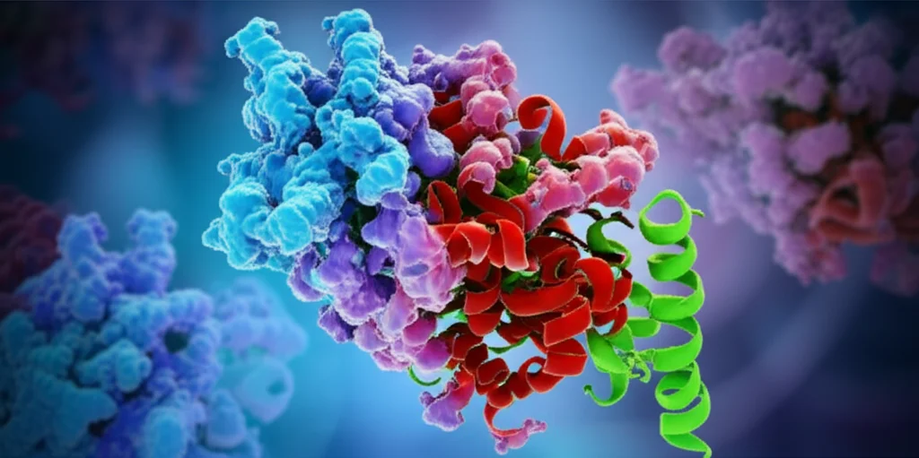 Visualizzazione 3D di una molecola di Forskolin che interagisce con i recettori sulla superficie di una cellula muscolare. Sullo sfondo, fibre muscolari con aree di danno e rigenerazione. Obiettivo macro 85mm, illuminazione da studio con softbox per evidenziare i dettagli molecolari, colori caldi e freddi in duotone per distinguere la molecola dalle cellule.