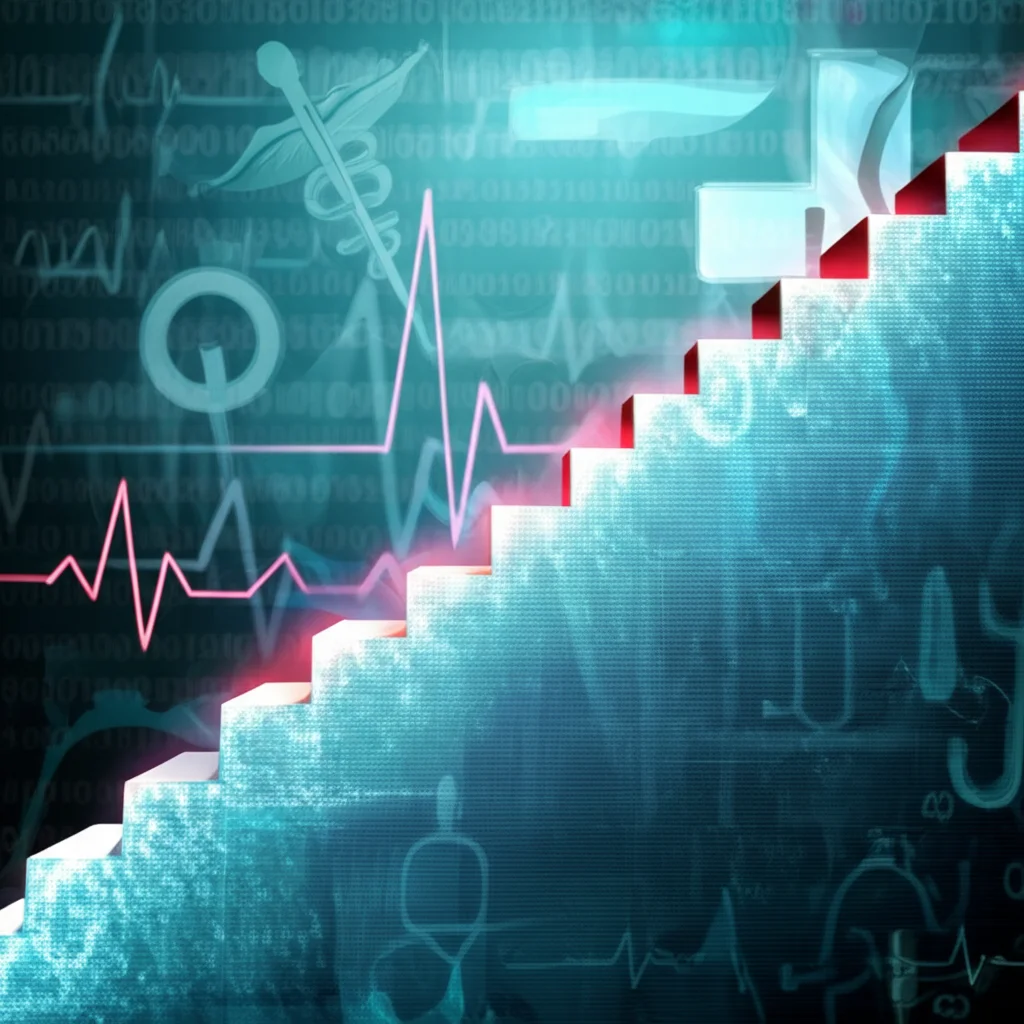 Concettualizzazione di un 'staircase design' in uno studio clinico. Gradini geometrici astratti che salgono, con punti dati luminosi su ogni gradino. Sullo sfondo, simboli medici stilizzati. Lens: Macro 100mm. Details: Elevato dettaglio, messa a fuoco precisa sui gradini, illuminazione controllata con un'estetica pulita e leggermente clinica.