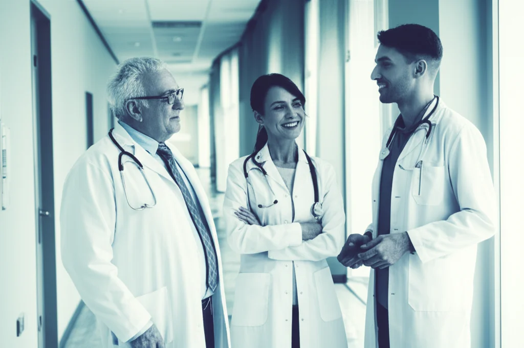 Fotografia di ritratto, tre medici di diverse età (un uomo anziano Boomer, una donna di mezza età Gen X, un giovane uomo Millennial) in camice bianco che discutono amichevolmente in un corridoio moderno di ospedale. Obiettivo 35mm, profondità di campo, luce naturale soffusa dalle finestre, toni duotone blu e grigio.