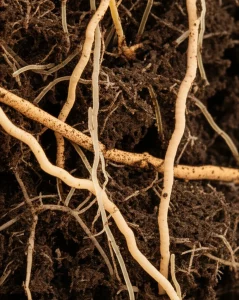 Fotografia macro, obiettivo 100mm, di una sezione trasversale di suolo fertile che mostra radici di piante e aggregati di suolo con una ricca comunità microbica visibile come sottili filamenti e colonie. Illuminazione laterale controllata per evidenziare la texture e i dettagli, alta definizione, focus preciso sulla zona microbica.