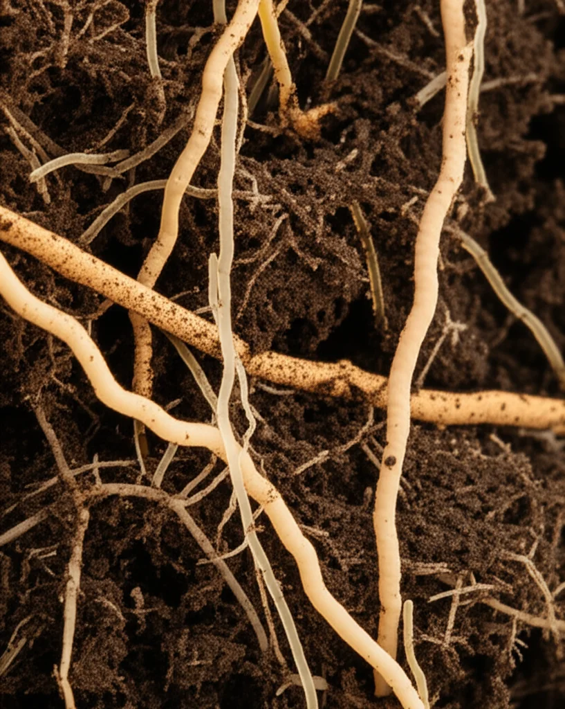 Fotografia macro, obiettivo 100mm, di una sezione trasversale di suolo fertile che mostra radici di piante e aggregati di suolo con una ricca comunità microbica visibile come sottili filamenti e colonie. Illuminazione laterale controllata per evidenziare la texture e i dettagli, alta definizione, focus preciso sulla zona microbica.