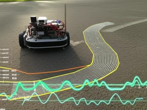 Fotografia realistica di un robot mobile compatto che si muove con un pattern serpentino su un terreno leggermente irregolare all'aperto. Accanto ad esso, una visualizzazione digitale sovrapposta mostra le onde dei dati del sensore inerziale e la traiettoria stimata. Obiettivo prime 50mm, luce naturale del tardo pomeriggio, profondità di campo media.