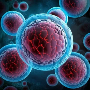 Immagine concettuale della scienza della fertilità: una rappresentazione stilizzata di ovociti e un grafico che sale, a simboleggiare la ricerca e i progressi nella PMA. Utilizzo di un obiettivo grandangolare da 24mm per una visione ampia, con messa a fuoco nitida e illuminazione controllata per un aspetto professionale e moderno.