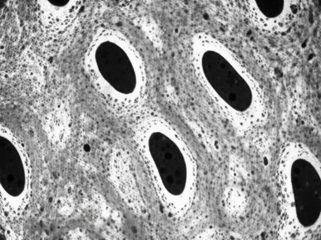 Immagine fotorealistica al microscopio elettronico di cellule endoteliali cerebrali che formano la barriera emato-encefalica. Si notano le giunzioni strette tra le cellule. Alcune cellule mostrano microtubuli interni stabilizzati (acetilati, magari con un leggero alone colorato per distinguerli), suggerendo integrità. Obiettivo macro 100mm, alta definizione, illuminazione laterale per evidenziare le texture. Film noir style per un contrasto elevato.
