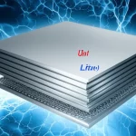 Immagine fotorealistica concettuale, lente 35mm, che mostra un anodo di litio metallico con una superficie liscia e protetta (simbolo di assenza di dendriti) immerso in un elettrolita luminoso. In sovrimpressione, grafici stilizzati del trasferimento di carica e simulazioni molecolari. Profondità di campo, colori blu e argento duotone.