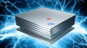 Immagine fotorealistica concettuale, lente 35mm, che mostra un anodo di litio metallico con una superficie liscia e protetta (simbolo di assenza di dendriti) immerso in un elettrolita luminoso. In sovrimpressione, grafici stilizzati del trasferimento di carica e simulazioni molecolari. Profondità di campo, colori blu e argento duotone.