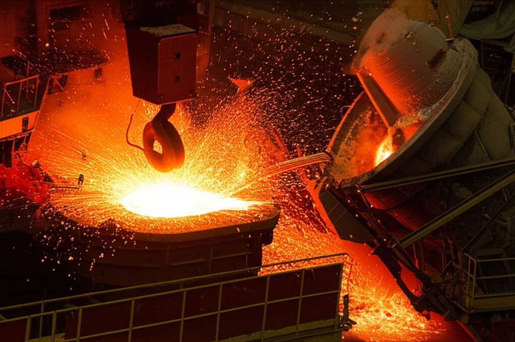 Immagine fotorealistica di un processo di produzione dell'acciaio BOF, con metallo fuso incandescente e schizzi di goccioline, catturata con un teleobiettivo per enfatizzare il calore e l'energia del processo, alta velocità dell'otturatore.
