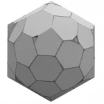 Immagine stile still life con obiettivo macro da 90mm: un modello 3D di un Wigglyhedron, un poliedro complesso con molte facce lisce e spigoli netti, illuminato da una luce laterale controllata per enfatizzare la sua forma tridimensionale. Lo sfondo è scuro e neutro per far risaltare l'oggetto. Alto dettaglio e messa a fuoco precisa sulla struttura del poliedro.