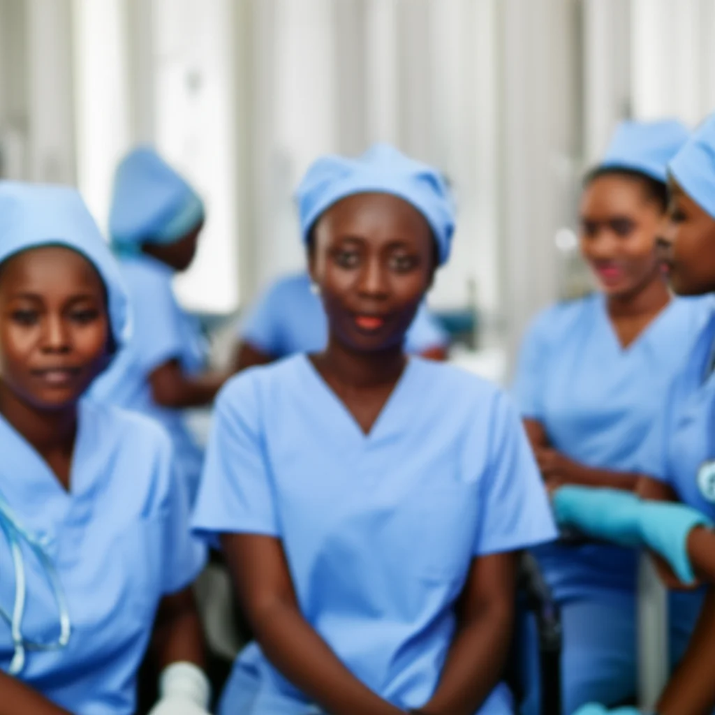 Photorealistic image of nurses in a hospital setting in Ethiopia, representing clinical handover, 35mm portrait, depth of field.