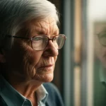 Photorealistic portrait, older adult with a thoughtful expression looking out a window, 35mm lens, shallow depth of field, natural lighting, representing the health journey and contemplation of mortality in later life.