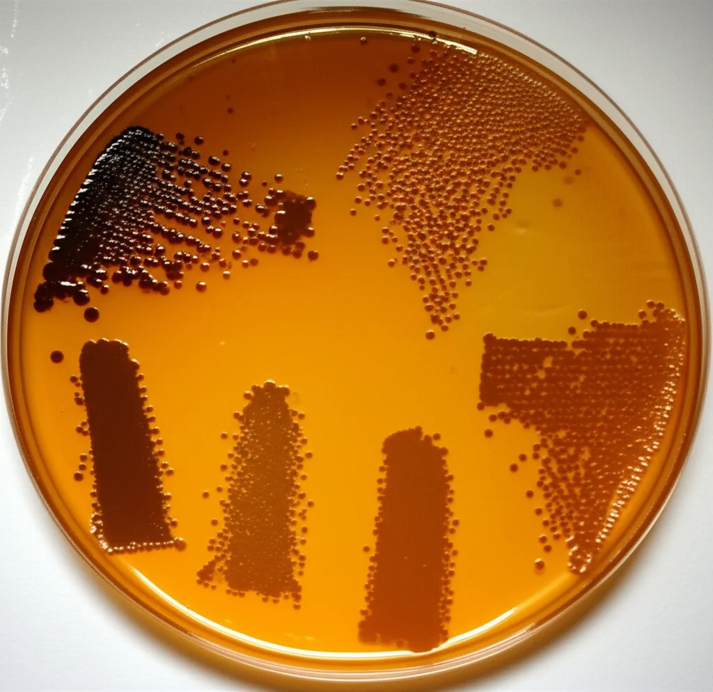 Primo piano di una piastra di Petri con colonie di E. coli geneticamente modificate ("umanizzate"), alcune crescono vigorosamente (cerchi grandi e densi) altre meno (cerchi piccoli e radi), a simboleggiare diverse attività enzimatiche umane. Illuminazione laterale controllata che crea ombre e profondità, lente macro 100mm, alta definizione, messa a fuoco selettiva sulle colonie che mostrano differenze di crescita.