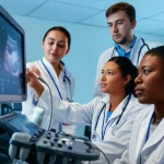 Un gruppo di studenti di medicina entusiasti e concentrati, riuniti attorno a un simulatore ecografico di ultima generazione in un laboratorio high-tech. L'immagine dovrebbe catturare l'interazione con la tecnologia, con dettagli nitidi sullo schermo del simulatore e sulle espressioni degli studenti. Utilizzare un prime lens, focale 35mm, con una buona profondità di campo per mettere a fuoco sia gli studenti in primo piano che il simulatore. Illuminazione da studio che esalti i dettagli e i colori vividi dell'ambiente.