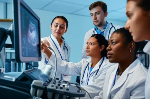 Un gruppo di studenti di medicina entusiasti e concentrati, riuniti attorno a un simulatore ecografico di ultima generazione in un laboratorio high-tech. L'immagine dovrebbe catturare l'interazione con la tecnologia, con dettagli nitidi sullo schermo del simulatore e sulle espressioni degli studenti. Utilizzare un prime lens, focale 35mm, con una buona profondità di campo per mettere a fuoco sia gli studenti in primo piano che il simulatore. Illuminazione da studio che esalti i dettagli e i colori vividi dell'ambiente.