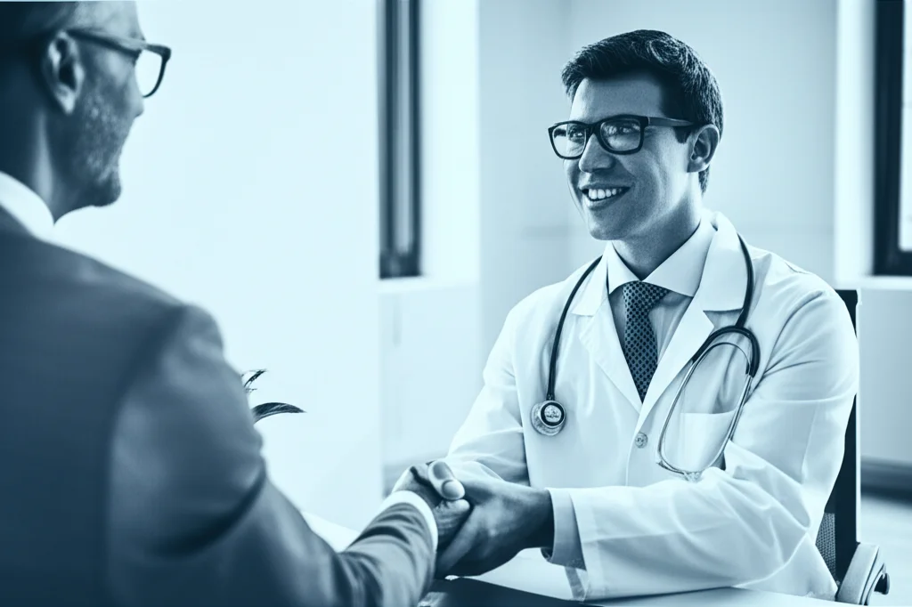 Un paziente sorridente e fiducioso stringe la mano a un medico in uno studio luminoso, simboleggiando la co-creazione di valore e l'autoefficacia nella gestione della salute. Portrait photography, 35mm lens, depth of field, duotone blu e grigio per un'atmosfera professionale ma accogliente.