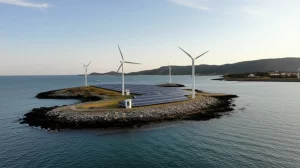 Veduta aerea di una moderna microrete su un'isola, con pannelli solari, piccole turbine eoliche, stazioni di ricarica per veicoli elettrici e un sistema di accumulo di energia visibile, il tutto integrato armoniosamente nel paesaggio. Obiettivo grandangolare 15mm, luce del tardo pomeriggio, focus nitido su tutta la scena.
