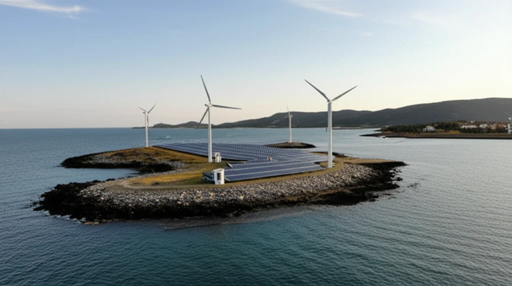 Veduta aerea di una moderna microrete su un'isola, con pannelli solari, piccole turbine eoliche, stazioni di ricarica per veicoli elettrici e un sistema di accumulo di energia visibile, il tutto integrato armoniosamente nel paesaggio. Obiettivo grandangolare 15mm, luce del tardo pomeriggio, focus nitido su tutta la scena.