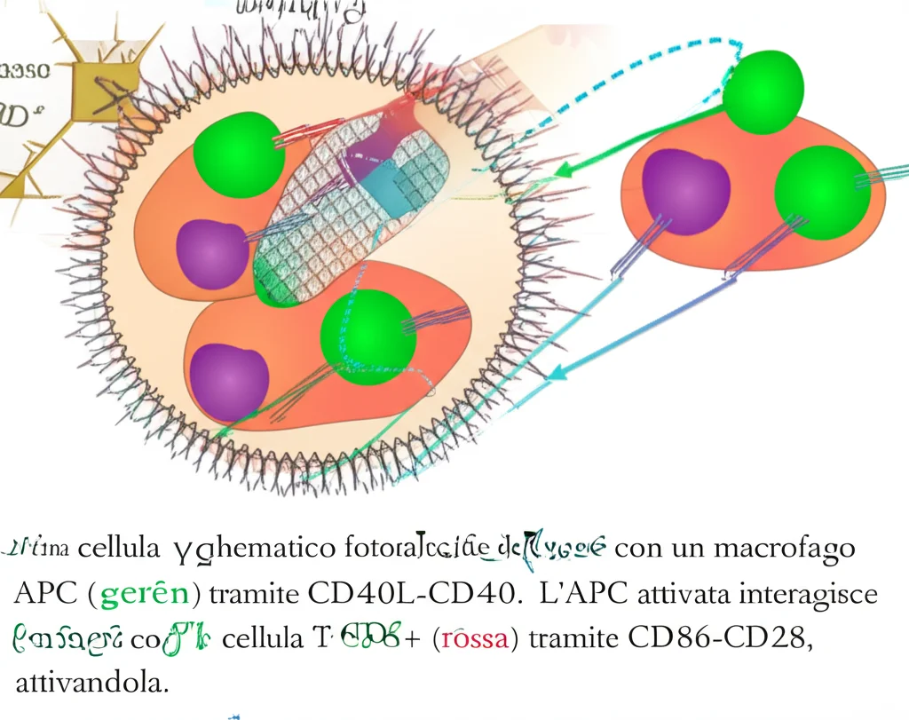 Diagramma schematico fotorealistico dell'asse γδ T-APC-CD8+ T. Una cellula T γδ (viola) interagisce con un macrofago APC (verde) tramite CD40L-CD40. L'APC attivata interagisce poi con una cellula T CD8+ (rossa) tramite CD86-CD28, attivandola. Sfondo scuro, illuminazione focalizzata sulle interazioni, stile high-tech.