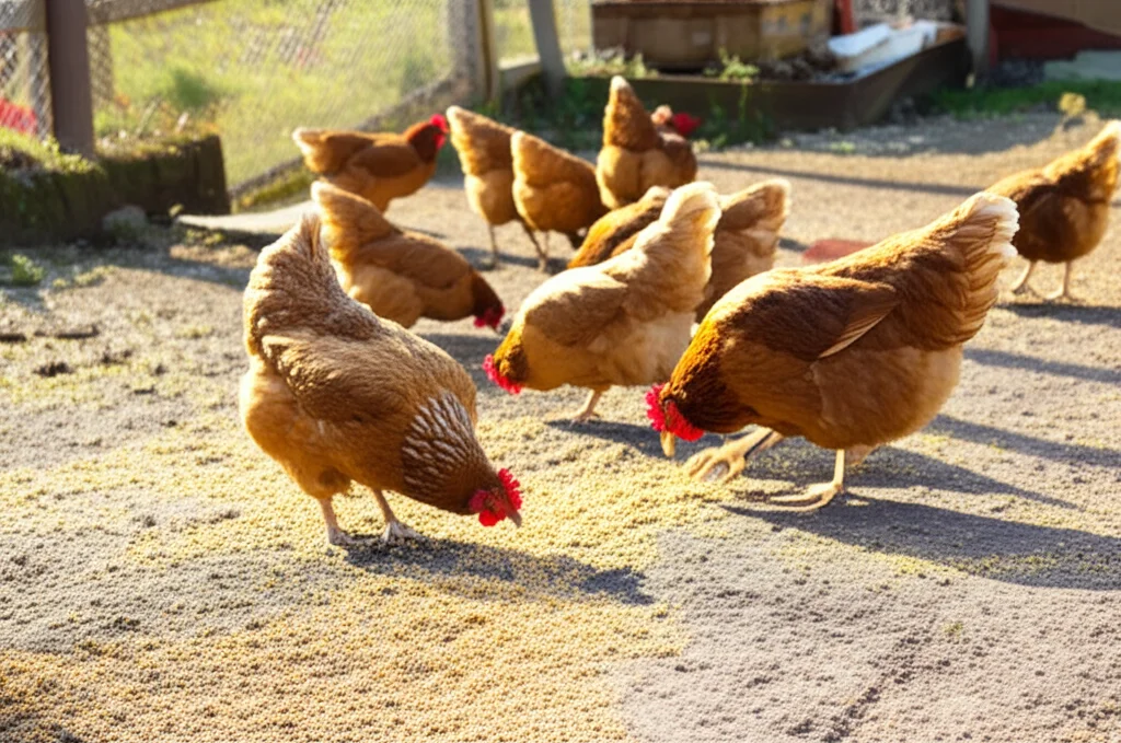 Galline ovaiole ISA Brown ruspanti che beccano felicemente il mangime contenente semi/oli visibili in un cortile di fattoria soleggiato e pulito. Teleobiettivo zoom, 150mm, velocità dell'otturatore elevata, tracciamento del movimento.