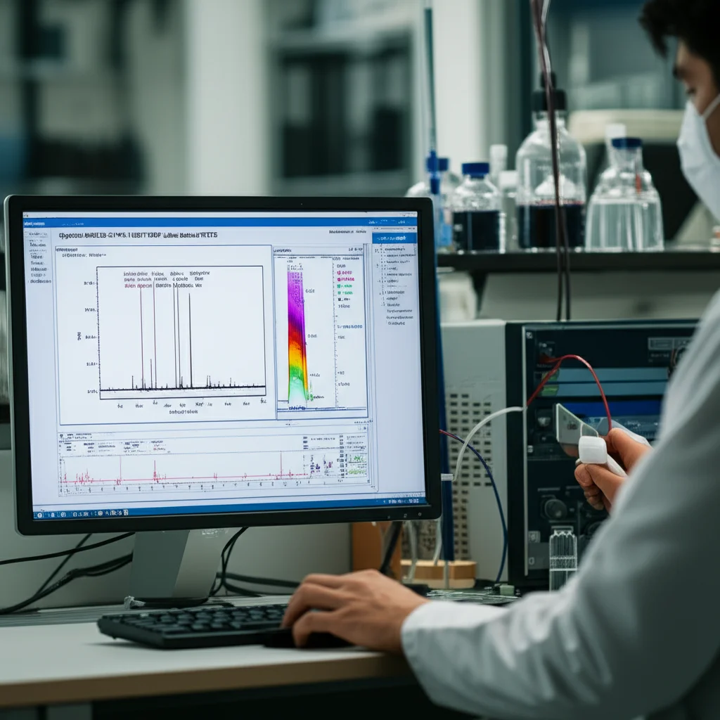 Spettro NMR 2D 1H-15N BEST-TROSY della proteina KKT23, visualizzato su uno schermo di computer in un laboratorio di biochimica moderno, con picchi colorati e annotazioni, stile still life con illuminazione precisa.