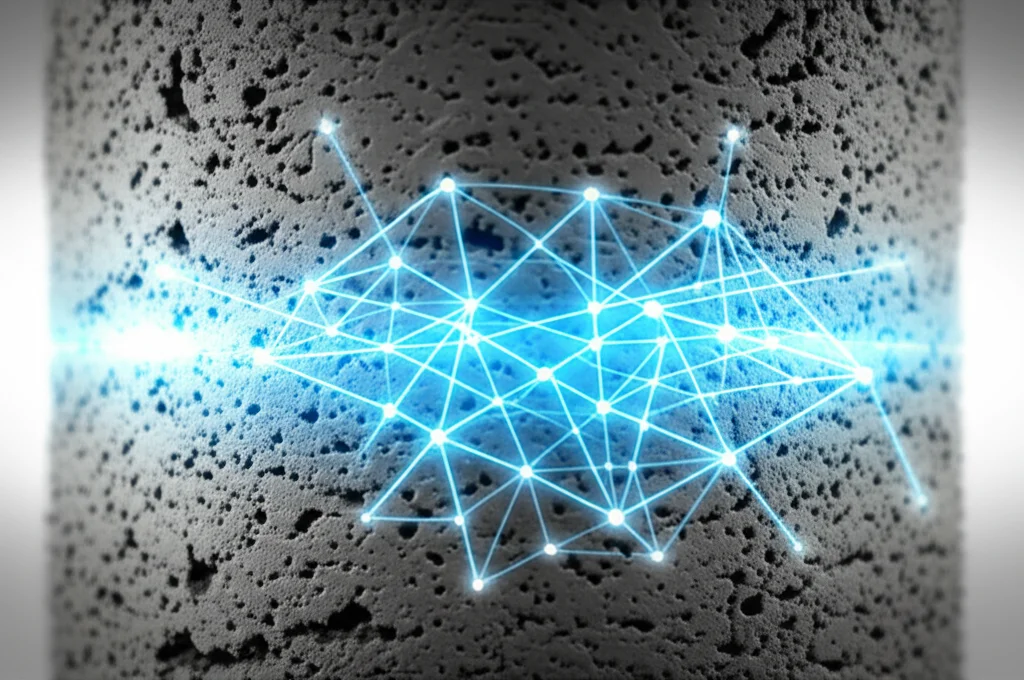 Immagine fotorealistica di un campione di calcestruzzo moderno sotto una lente d'ingrandimento digitale, con sovrapposizioni grafiche di reti neurali, simboleggiando l'analisi della resistenza tramite machine learning, lente macro 85mm, illuminazione da laboratorio ad alto dettaglio.