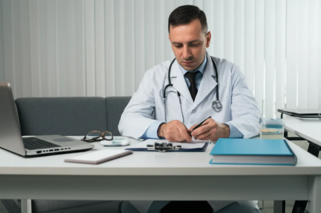 Un medico pediatra dall'aria concentrata esamina attentamente dei referti medici e grafici su una scrivania in uno studio luminoso e moderno. Focus selettivo sui documenti, profondità di campo ridotta, obiettivo 50mm, luce naturale che entra dalla finestra.