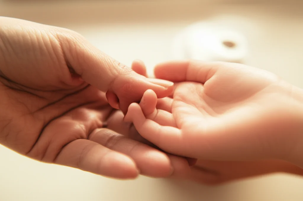 Primo piano di una mano adulta, forse di un medico o genitore, che tiene delicatamente la piccola mano di un bambino. Simboleggia cura, supporto e rassicurazione. Sfondo leggermente sfocato di un ambiente clinico o domestico caldo e accogliente. Obiettivo macro 85mm, luce morbida e calda.