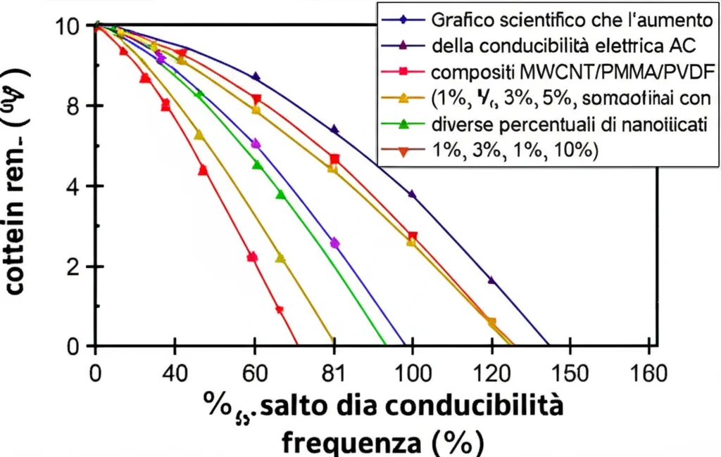 Grafico scientifico che mostra l'aumento esponenziale della conducibilità elettrica AC (asse Y logaritmico) in funzione della frequenza (asse X logaritmico) per compositi MWCNT/PMMA/PVDF con diverse percentuali di nanotubi modificati (1%, 3%, 5%, 7%, 10%). Linee colorate distinguono le diverse concentrazioni, evidenziando il salto di conducibilità oltre il 3%. Stile grafico pulito, etichette chiare.