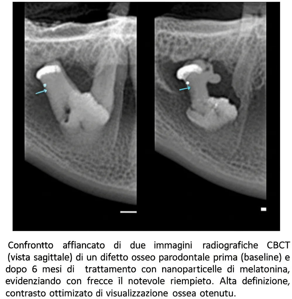 Confronto affiancato di due immagini radiografiche CBCT (vista sagittale) di un difetto osseo parodontale prima (baseline) e dopo 6 mesi di trattamento con nanoparticelle di melatonina, evidenziando con frecce il notevole riempimento osseo ottenuto. Alta definizione, contrasto ottimizzato per la visualizzazione ossea.