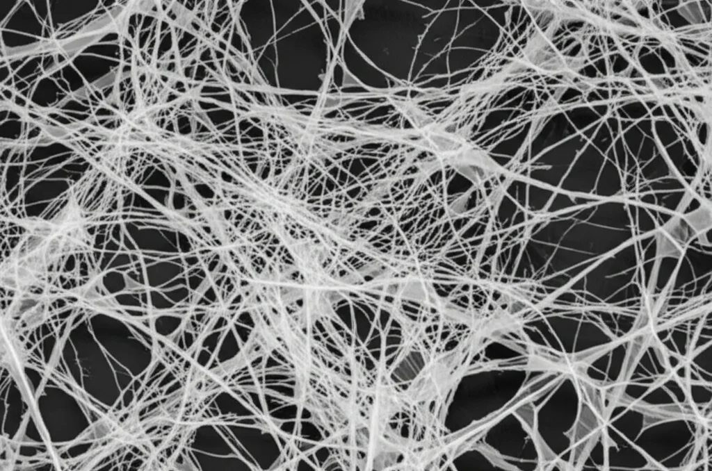 Macro fotografia ad alto dettaglio di cellule staminali mesenchimali umane (HuMSC) coltivate su una spugna di gelatina porosa tridimensionale. Obiettivo macro 100mm, illuminazione laterale controllata per evidenziare la struttura 3D e le interazioni cellulari, focus preciso sulle cellule adese alla matrice della spugna.