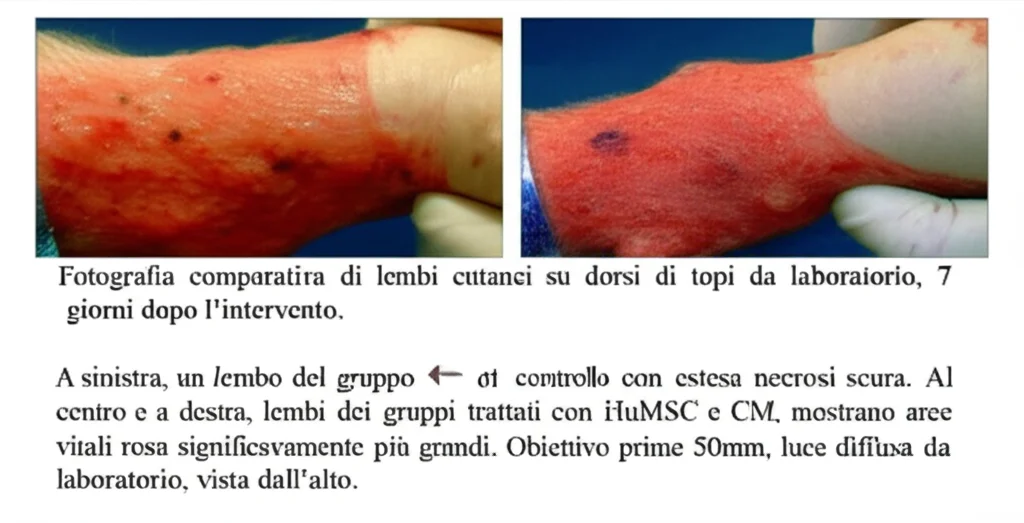 Fotografia comparativa di lembi cutanei su dorsi di topi da laboratorio, 7 giorni dopo l'intervento. A sinistra, un lembo del gruppo di controllo con estesa necrosi scura. Al centro e a destra, lembi dei gruppi trattati con HuMSC e CM, mostrano aree vitali rosa significativamente più grandi. Obiettivo prime 50mm, luce diffusa da laboratorio, vista dall'alto.