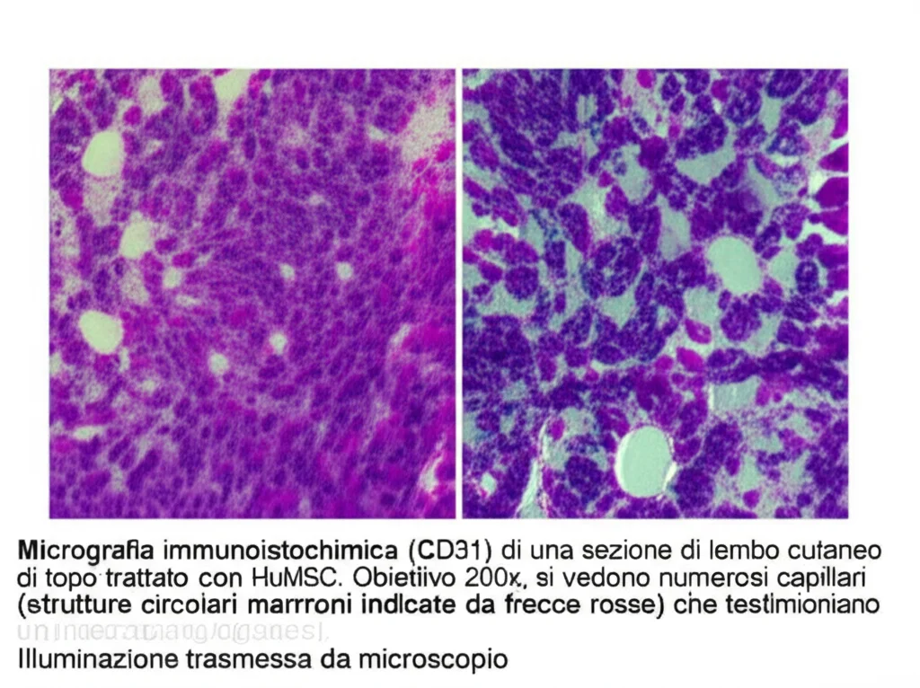 Micrografia immunoistochimica (CD31) di una sezione di lembo cutaneo di topo trattato con HuMSC. Obiettivo 200x, si vedono numerosi capillari (strutture circolari marroni indicate da frecce rosse) che testimoniano un'intensa angiogenesi. Illuminazione trasmessa da microscopio.