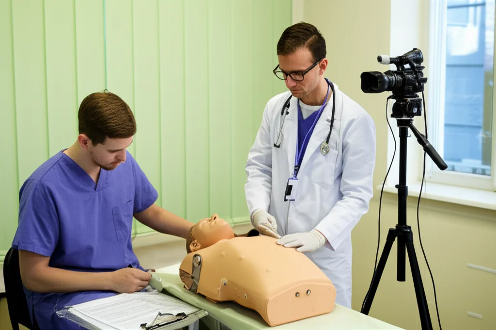 Fotografia realistica di una sala d'esame OSCE, studente di medicina pratica un'iniezione intramuscolare su un manichino avanzato sotto l'occhio attento di un valutatore umano sullo sfondo e una telecamera fissa in primo piano che registra la scena. Luce clinica controllata, obiettivo prime 35mm, profondità di campo media che isola lo studente.