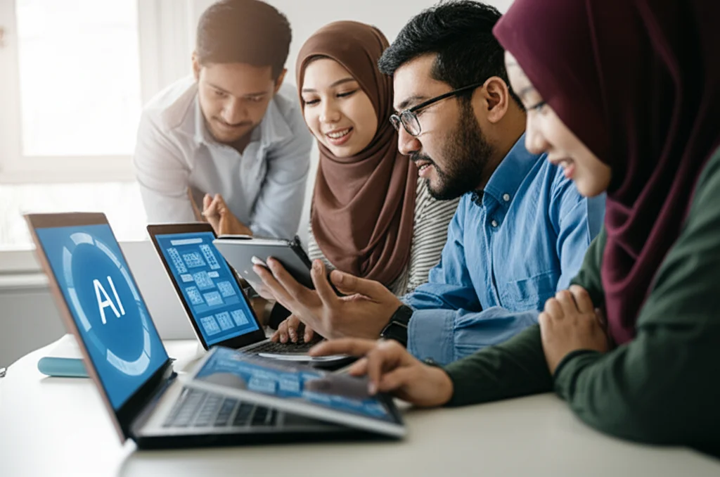 Fotografia stile ritratto, obiettivo zoom 24-35mm, profondità di campo. Un gruppo eterogeneo di studenti universitari malesi in un'aula moderna e luminosa, interagiscono con laptop e tablet che mostrano interfacce AI. Atmosfera collaborativa, luce naturale laterale.
