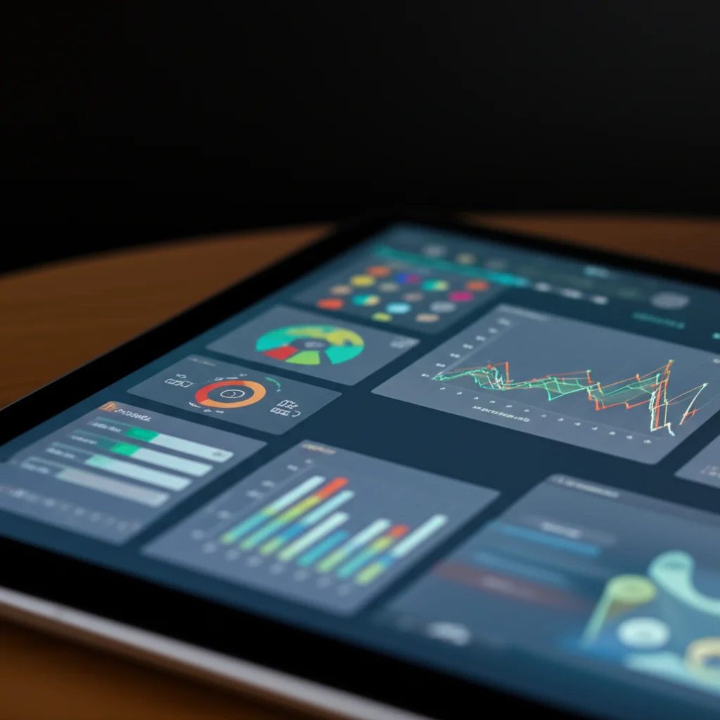 Fotografia macro, obiettivo 100mm, alta definizione. Primo piano di uno schermo di tablet che mostra un'interfaccia AI per l'apprendimento, con grafici personalizzati e feedback. Illuminazione controllata per evidenziare i dettagli dello schermo.