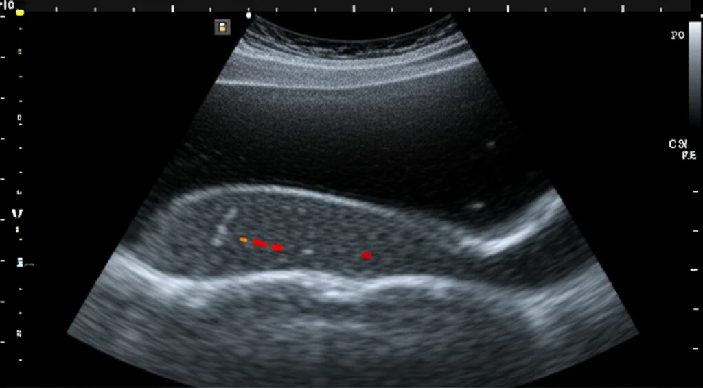 Close-up medical image showing a segmented thoracolumbar fascia within an ultrasound scan, highlighting different tissue layers. Macro lens, high detail, precise focusing, controlled lighting.